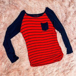 SPLASH | Red and Navy Striped Baseball Tee | Size Large